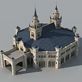 Historic European Style Ancient Architecture with Spires Blue Roof Arched Doorway and Windows