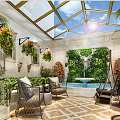 Sunlit Glass Roof Garden With Green Plant Wall Fountain Hanging Chair And Potted Flowers