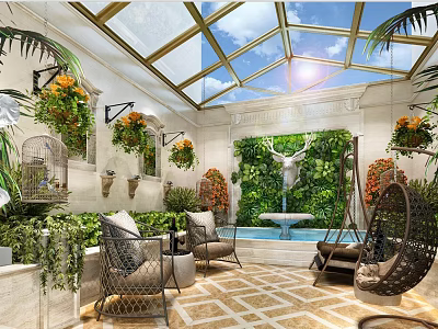 Sunlit Glass Roof Garden With Green Plant Wall Fountain Hanging Chair And Potted Flowers 3d model