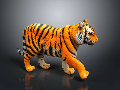Standing Tiger Toy With Orange And Black Stripes On Dark Reflective Floor 3d model