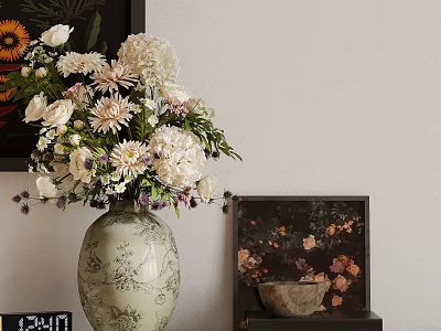 Decorative Vase With White Floral Arrangement And Wall Art Decor 3d model