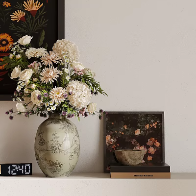 Decorative Vase With White Floral Arrangement And Wall Art Decor 3d model
