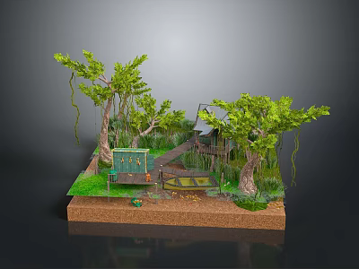 Natural Landscape Model with Green Trees Hanging Vines Wooden Bench Pathway and Water Area 3d model