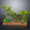 Natural Landscape Model with Green Trees Hanging Vines Wooden Bench Pathway and Water Area