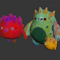 Cute Three Smiling Spiky Red Green Yellow Monster Toy Creatures Standing Together