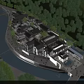 Ancient Architectural Complex Surrounded by River and Lush Trees with People Activity 3d model