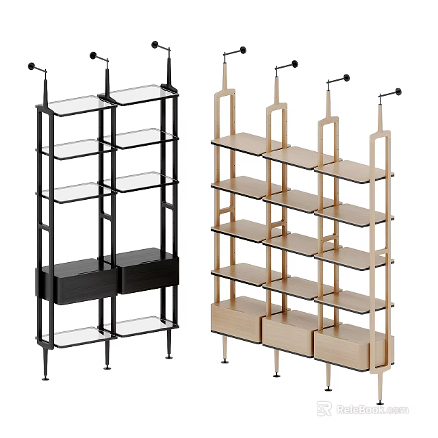 Modern Bookcases With Black Metal Frames Glass Shelves And Light Wood Storage Drawers 3d model 