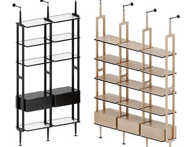 Modern Bookcases With Black Metal Frames Glass Shelves And Light Wood Storage Drawers 3d model