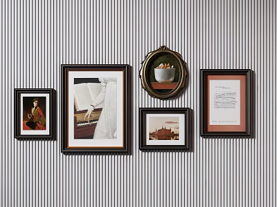 Wall Display With Various Sizes And Shapes Frames Holding Artwork And Text 3d model