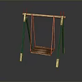 Outdoor Swing With Green Frame Golden Crossbar And Wooden Hanging Seat