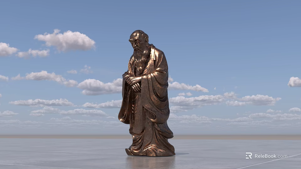 Ancient Robed Figure Bronze Landscape Sculpture With Blue Sky White Clouds 3d model 