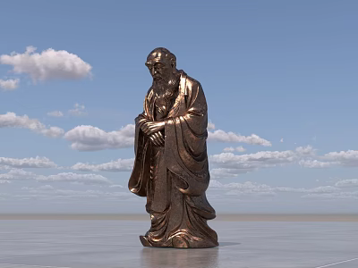 Ancient Robed Figure Bronze Landscape Sculpture With Blue Sky White Clouds 3d model