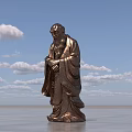Ancient Robed Figure Bronze Landscape Sculpture With Blue Sky White Clouds