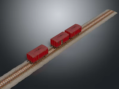Three Red Train Carriages Moving Along Straight Railway Track with Gravel Around 3d model