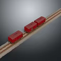 Three Red Train Carriages Moving Along Straight Railway Track with Gravel Around
