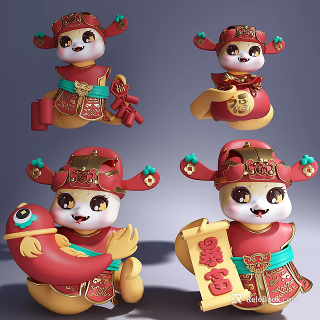 Cute Chinese Dolls in Traditional Red Gold Costume with Fortune Prosperity Characters and Fish 3d model 