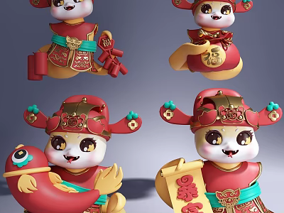Cute Chinese Dolls in Traditional Red Gold Costume with Fortune Prosperity Characters and Fish 3d model