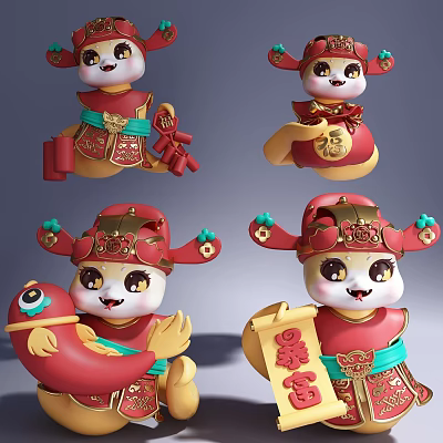 Cute Chinese Dolls in Traditional Red Gold Costume with Fortune Prosperity Characters and Fish 3d model