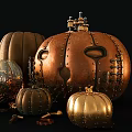 Pumpkin Shaped Copper Gold Metallic Ornament Set With Gears Keys And Various Sizes