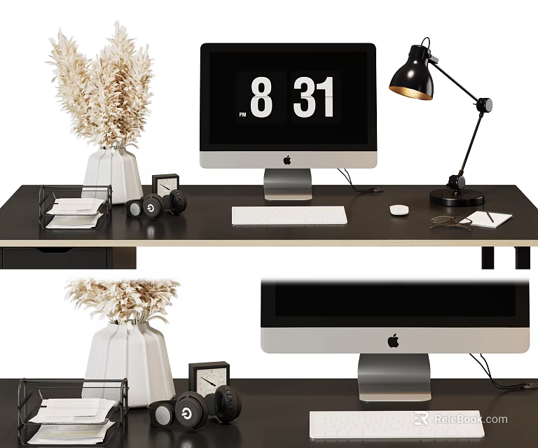 Modern Office Desk Setup With iMac Computer Clock Lamp And Dried Plant Vase 3d model 