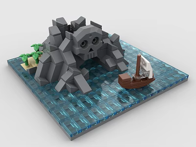Creative Building Blocks Model With Gray Sea Monster Blue Water Small Boat And Green Plants 3d model