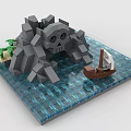 Creative Building Blocks Model With Gray Sea Monster Blue Water Small Boat And Green Plants