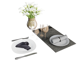 Tableware Plate Bowl Knife and Fork Dining Cloth Placemat Plant Vase Ornaments Wine Glass 3d model