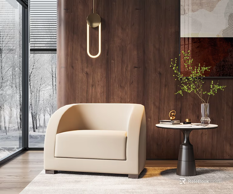 Beige Single Sofa with Wooden Wall Round Table Green Plant and Window Trees Outside 3d model 