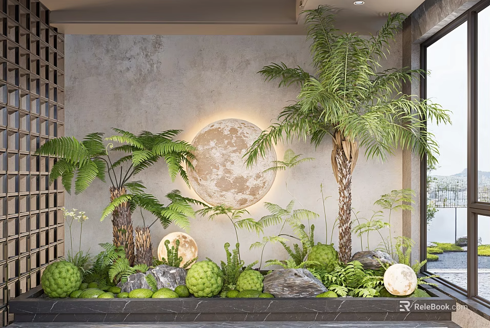 Tropical Courtyard Garden With Ferns Palm Tree Circular Moon Decoration Stones And Green Plants 3d model 