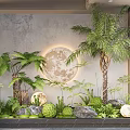 Tropical Courtyard Garden With Ferns Palm Tree Circular Moon Decoration Stones And Green Plants