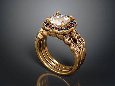 Gold Fashion Ring With Central Gemstone Colorful Stones Intricate Design Layered Band 3d model