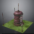 Pink Cylindrical Industrial Structure With Red Poles And Mesh Fence On Green Ground