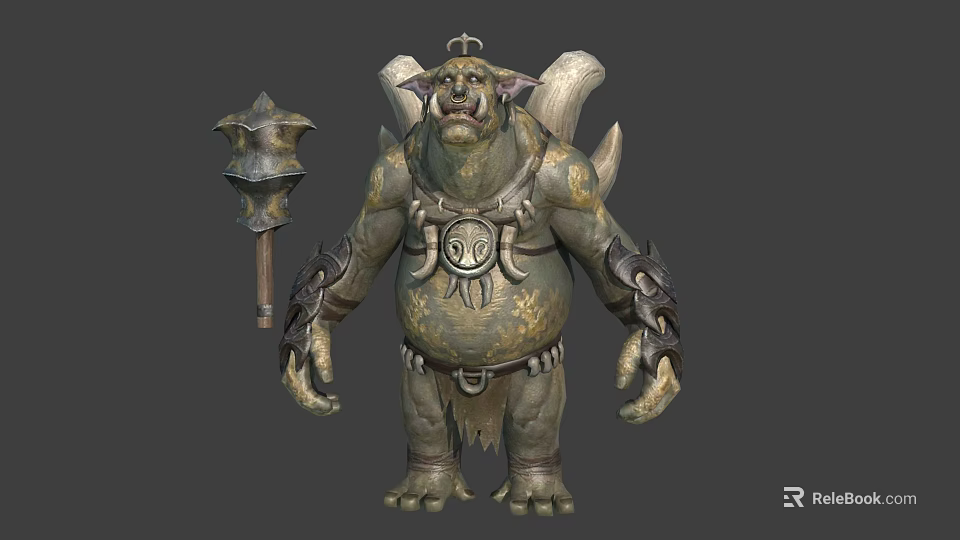 Fantasy Monster Character with Large Hammer Horns Winged Back Ornate Armor and Circular Chest Emblem 3d model 