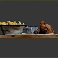 Crispy Fried Chicken Leg With French Fries And Sauce On Wooden Tray