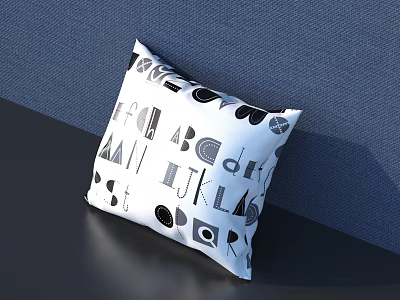 White Throw Pillow With Black Letters And Geometric Patterns On Blue Sofa 3d model