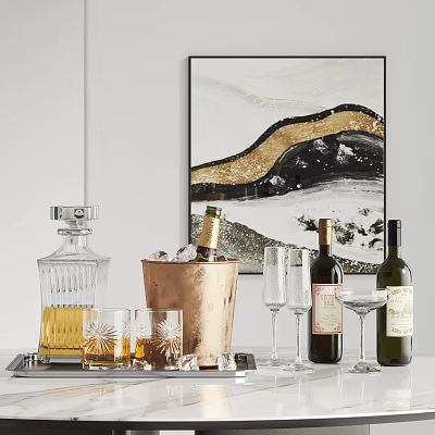 Wine Bottles And Glasses With Copper Ice Bucket Whiskey Glasses Tray And Decorative Painting 3d model