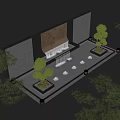 Modern Water Fountain Design With Gray Wall Black Floor And Small Trees Lighting