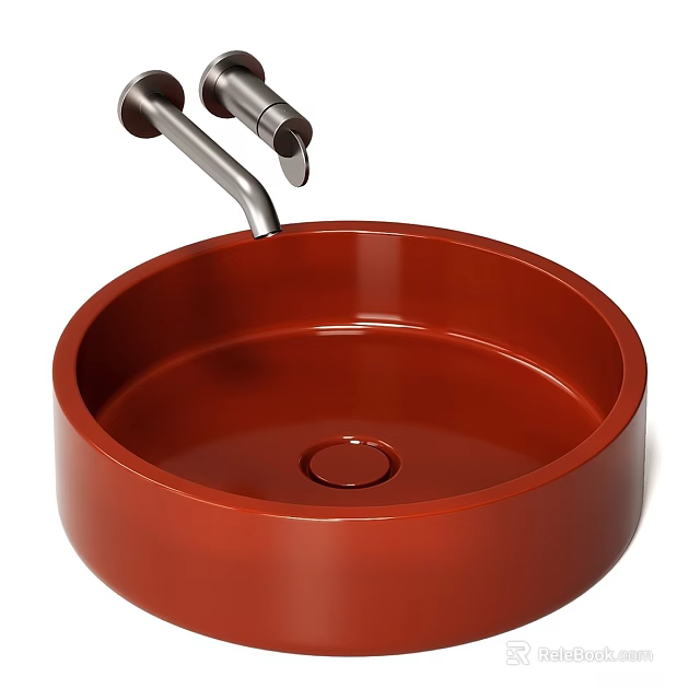 Sleek Red Round Modern Washbasin With Chrome Faucet In Bathroom Interior Design 3d model 