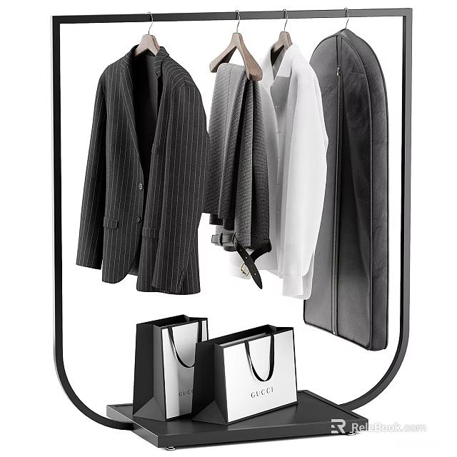 Clothes on Modern Clothes Rack with Striped Blazer Gray Coat White Top and Shopping Bags 3d model 