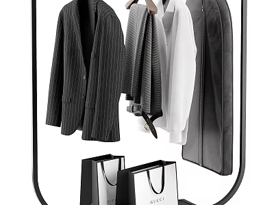 Clothes on Modern Clothes Rack with Striped Blazer Gray Coat White Top and Shopping Bags 3d model