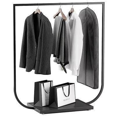 Clothes on Modern Clothes Rack with Striped Blazer Gray Coat White Top and Shopping Bags 3d model