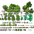 Cartoon Scenic Elements With Various Trees Plants Rocks And Green Foliage