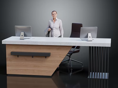 Modern Office Desk With Wooden Top And Metal Legs Featuring Computer Monitors And Office Chair 3d model