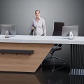 Modern Office Desk With Wooden Top And Metal Legs Featuring Computer Monitors And Office Chair