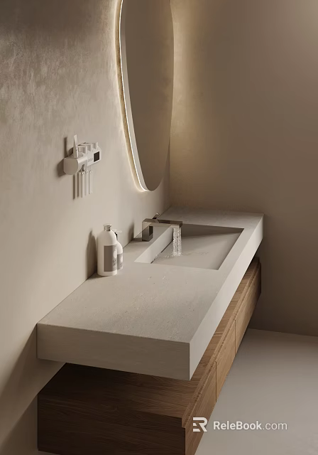 Sleek Concrete Washbasin with Modern Faucet Wooden Drawers Round Mirror and Wall Mounted Toothbrush Holder 3d model 