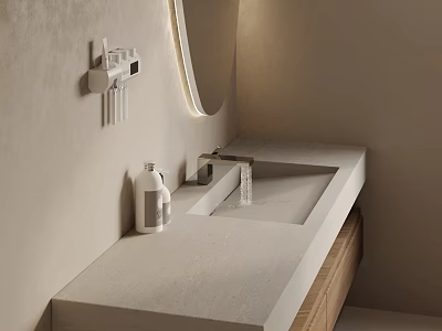 Sleek Concrete Washbasin with Modern Faucet Wooden Drawers Round Mirror and Wall Mounted Toothbrush Holder 3d model