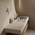 Sleek Concrete Washbasin with Modern Faucet Wooden Drawers Round Mirror and Wall Mounted Toothbrush Holder