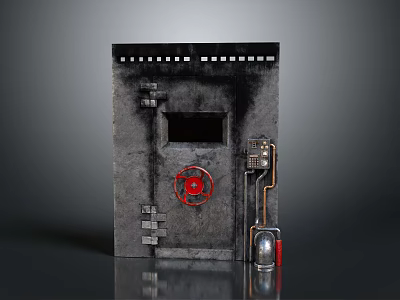 Industrial Metal Safe Door With Red Wheel Pipes And Small Window 3d model