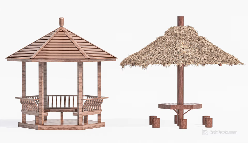 Rustic Wooden Gazebo With Thatched Umbrella Outdoor Bench And Table Set 3d model 