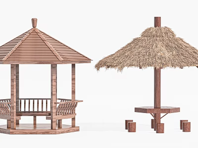 Rustic Wooden Gazebo With Thatched Umbrella Outdoor Bench And Table Set 3d model